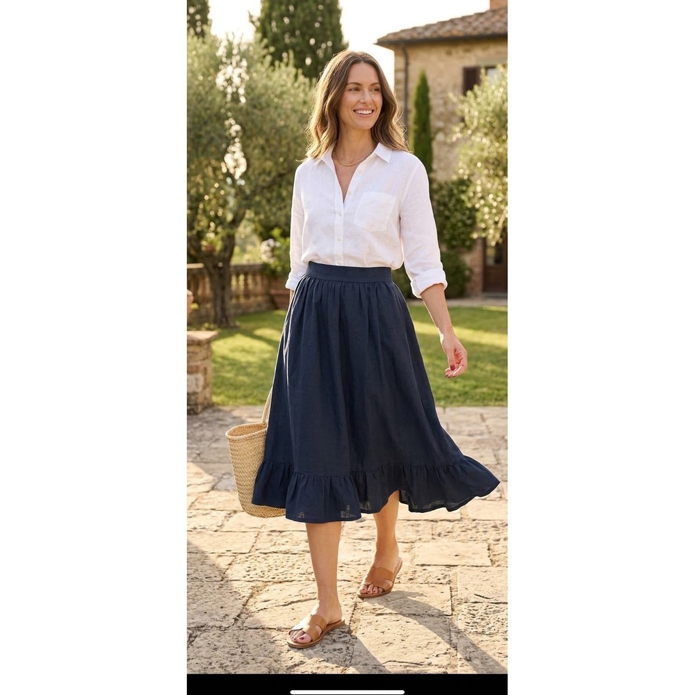 Ann Taylor Ruffle Hem Midi Skirt Linen Blend Navy Blue Size 6 Women Classic